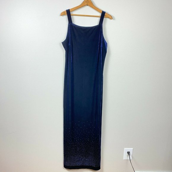Finesse Gown Maxi Dress 2X Rhinestone Embellished Velvet Square‎ Neck Navy Blue - Picture 1 of 8